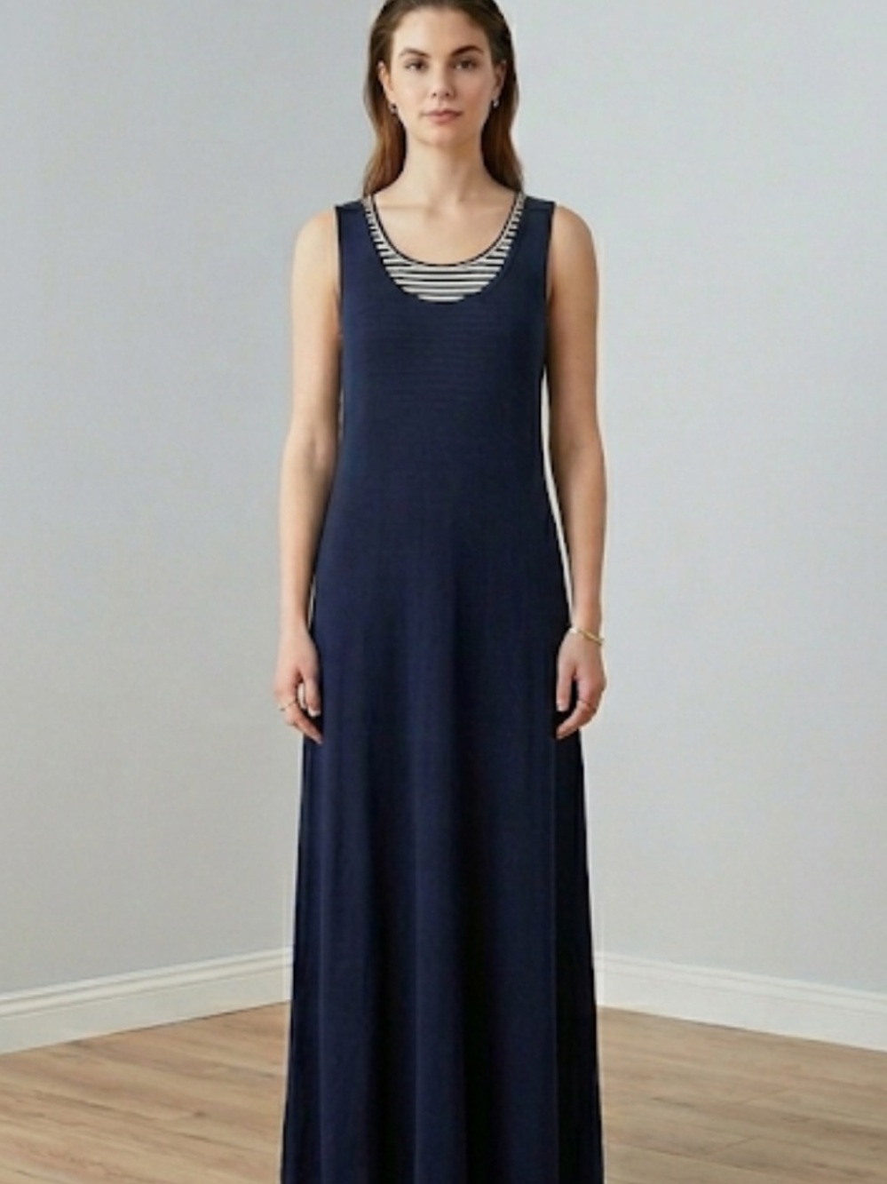 Navy Blue Layered Maxi Dress Striped Tank Top Detail Size Large